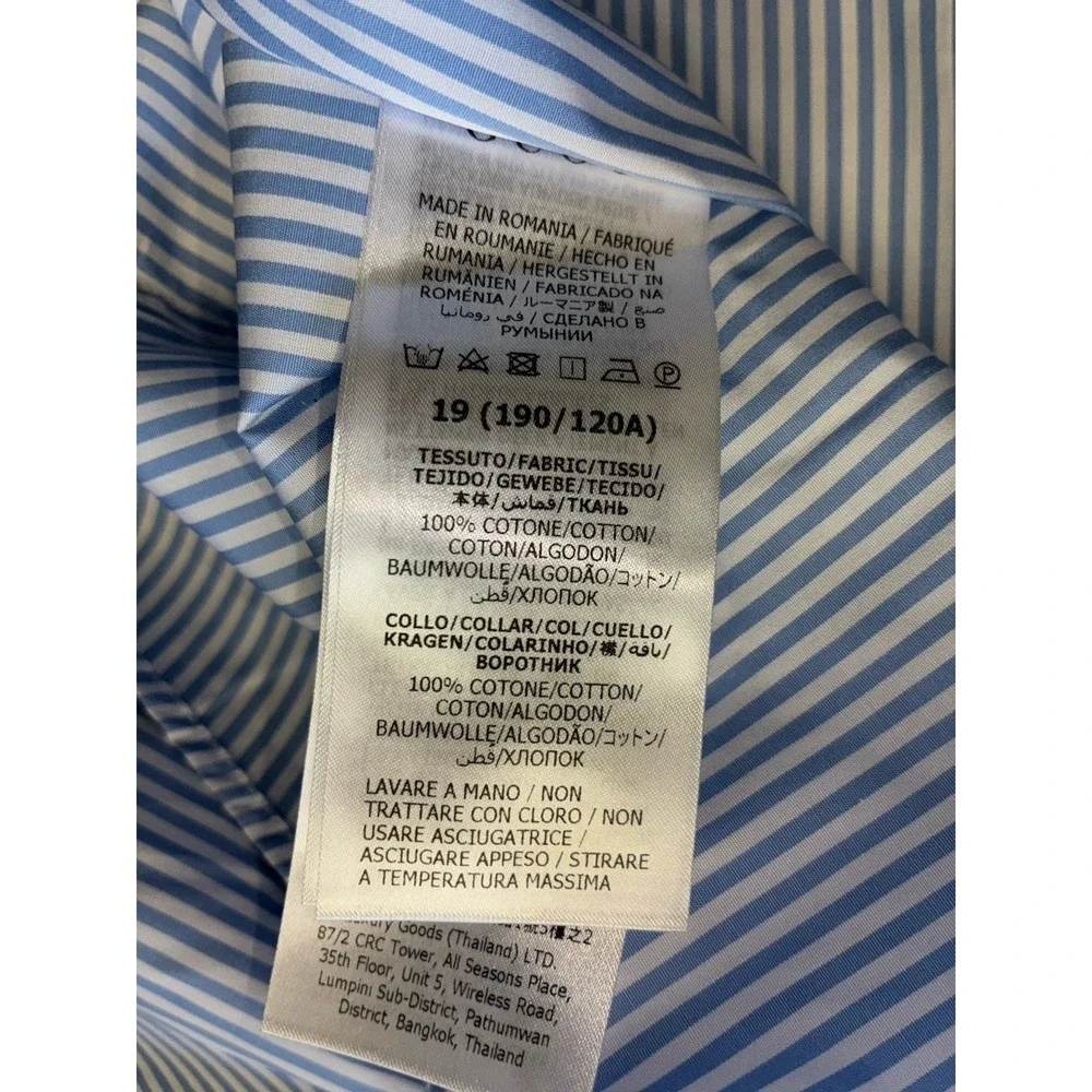 Gucci Shirt Men's 19 48 Blue Striped White Collar Poplin Button Up Uniform NEW